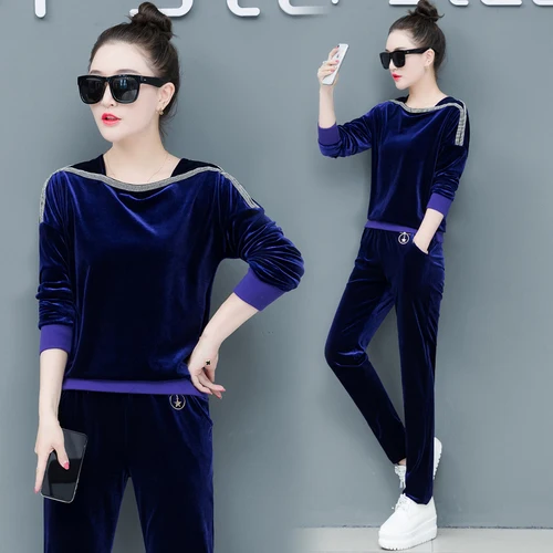 Весенний золотистый бархатный спортивный костюм повседневный Бархатный