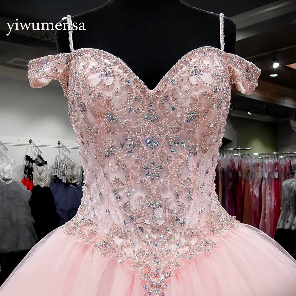 Vestidos De 15 Graduación халаты розовые кристаллы бисером Бальные платья 2021