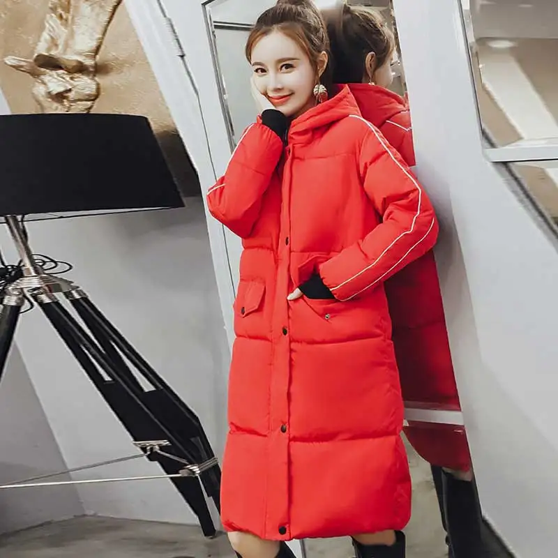 2018 Winter New Fashion Stripes Women Feather Cotton Jacket Plus size Long Thick Hooded Straight Cotton Coat Female Parkas WZ740