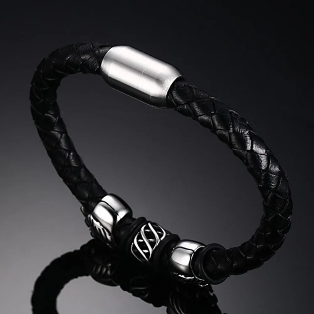 Мужской Байкерский браслет из нержавеющей стали черный кожаный серебристого