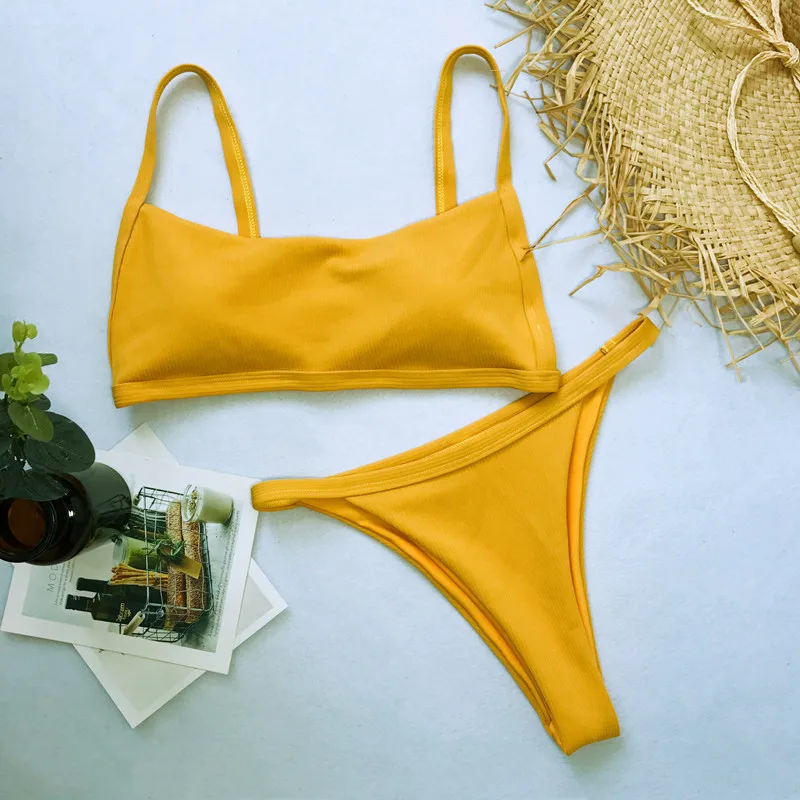 

New Summer Thong Bikini Swimwear Backless Swimsuit Sexy two-piece Swimsuit Women Pure Color Strap Beachwear Bikini Set