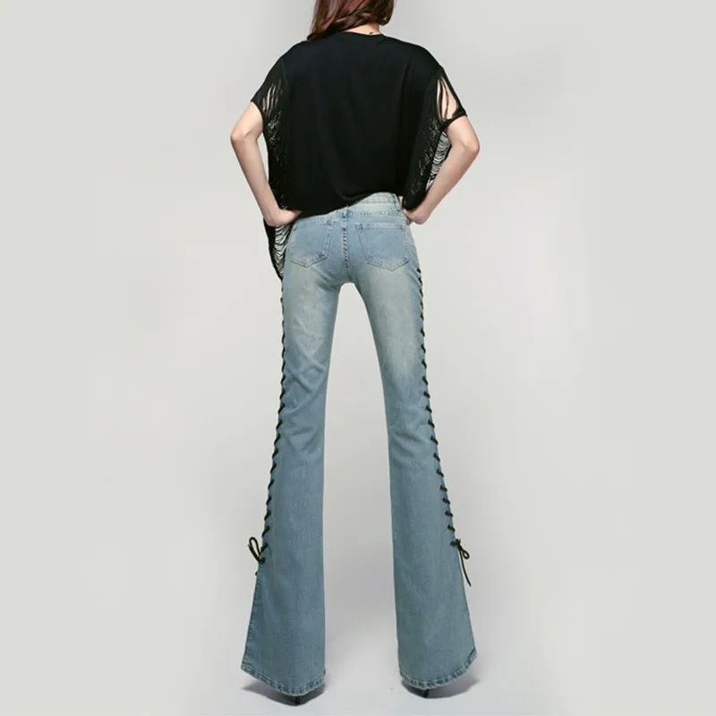 Джинсы-клеш Женские с высокой талией со шнуровкой сбоку размера плюс | Женская