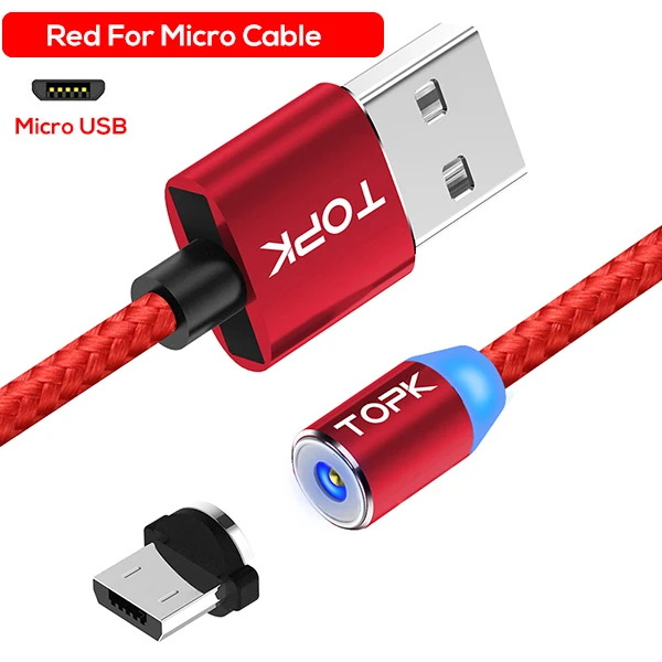 1 Red Cable 1 Plug Магнитный кабель TOPK R-Line2, 1 м и 2 м, кабель Micro USB, светодиодный, индикатор, нейлоновая оплетка, Магнитный зарядный кабель для samsung S7 Edge - Цвет: 1 Red Cable 1 Plug