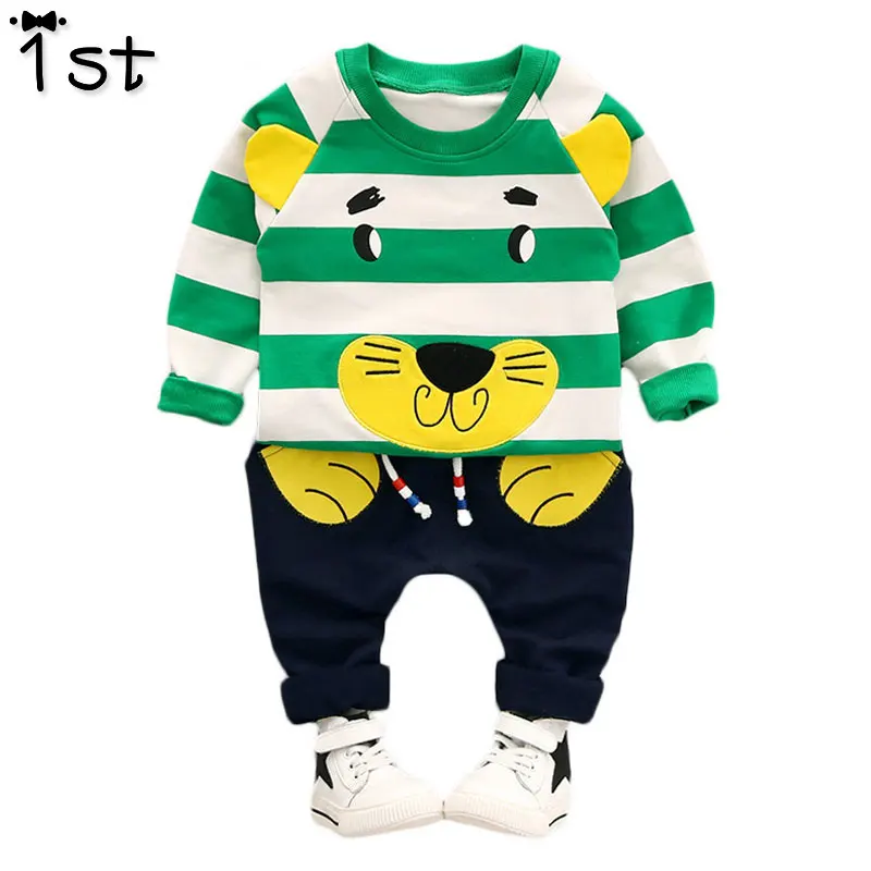 1st Baby Boy Clothing Set 2018 Autumn Long-sleeved O-Neck Fashion Style Cotton Cartoon Image Stripes Children's Clothes Suit k1 |