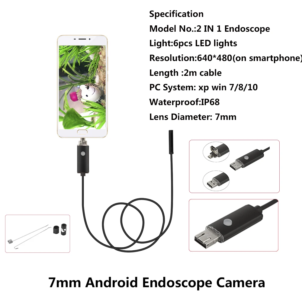 

Мини 2в1 USB Android 7 мм HD 640*480 Dia 2 м Длина эндоскопа HD Инспекционная камера водонепроницаемая камера змеиная труба-бороскоп