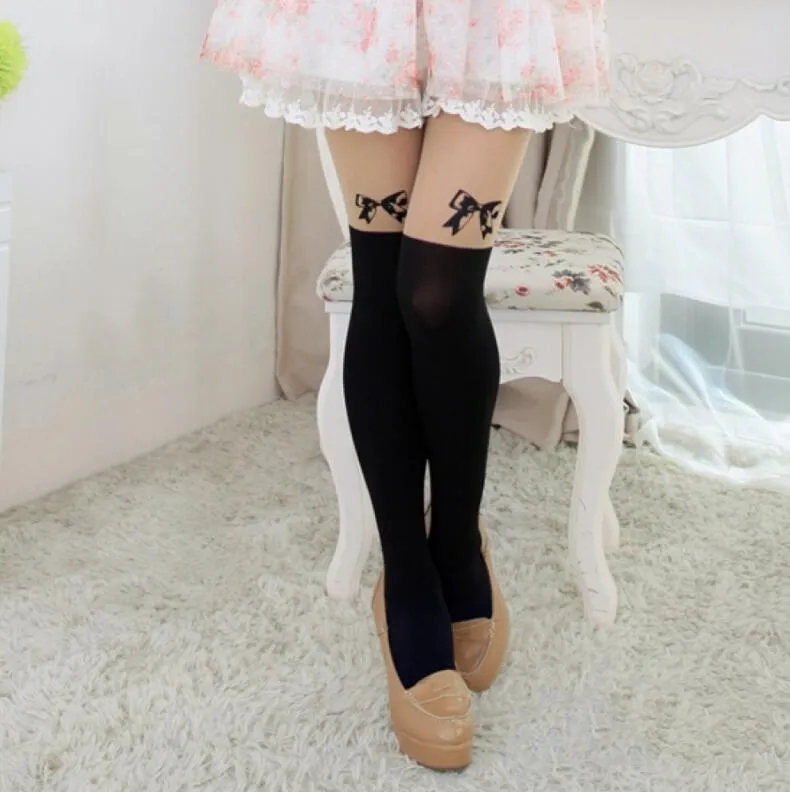 W024 Bowknot YGYEEG, модные, черные, с изображением башни, кошки, хвоста, колготки, пэчворк, Тоторо, бархатные, тату, женские колготки, колготки, сексуальные, тонкие,, хорошее качество - Цвет: W024 Bowknot