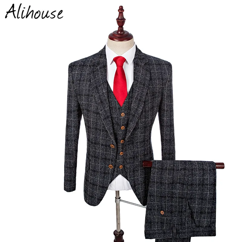 Черный Твид жениха Смокинги для женихов Для мужчин заказ плед Нарядные Костюмы