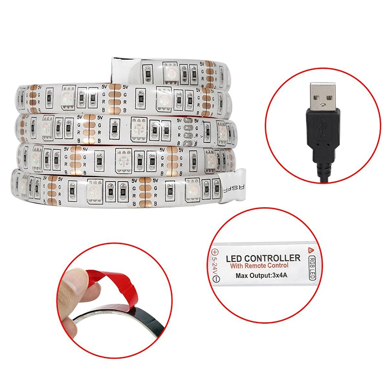 USB 5V 60LED полосы светильник под кабинет неоновый светильник лампы ленты RGB Цвет Водонепроницаемый с регулируемой яркостью гибкая лента с дистанционным управлением Управление
