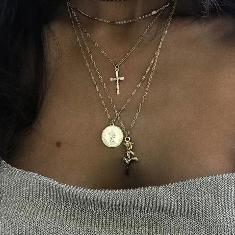 New multi-layer hot style cross coin head necklace with rose combination amazon exaggeration | Украшения и аксессуары