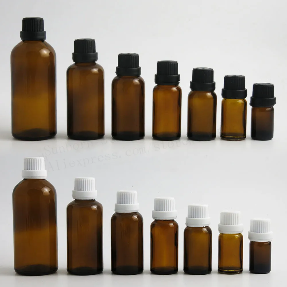 

20pcs Empty Clear Amber Glass Essential Oil Container Bottle With Tamper Evident Plastic cap 5ml 10ml 15ml 20ml 30ml 50ml 100ml