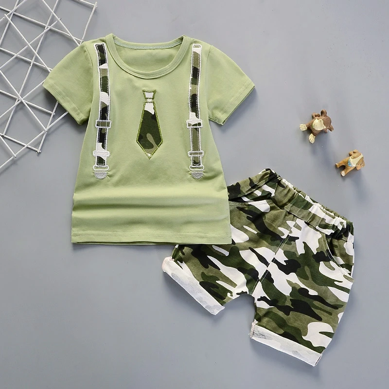 Toddler Baby Boys Clothes Set Tie Print T-shirt Short Sleeve Tops Camouflage Shorts 2Pcs Children Boy Summer | Детская одежда и