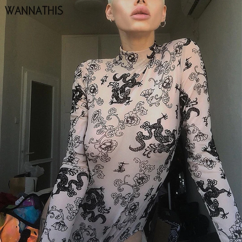 WannaThis, горячая Распродажа, Женское боди с длинным рукавом, прозрачное, сексуальное, облегающее, с высоким воротом, обтягивающее, Осеннее, из вуали, вечерние