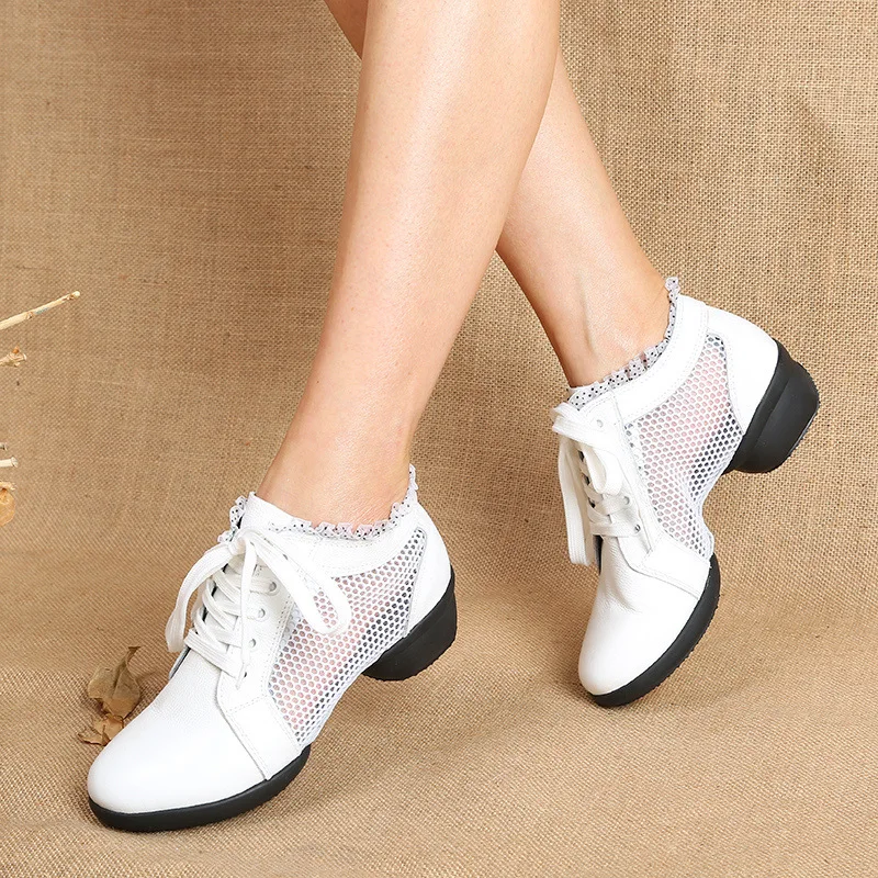 Кроссовки женские для современных танцев мягкая подошва кожаные сетчатые