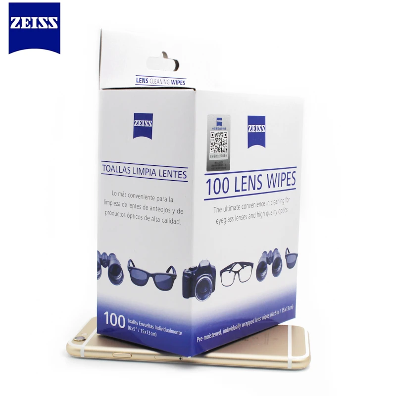 Zeiss предварительно увлажненные салфетки для линз, очищающие Линзы для очков, солнцезащитные очки, Объективы для камер, сотовый телефон, объектив для ноутбука, одежда, 100ct упаковка