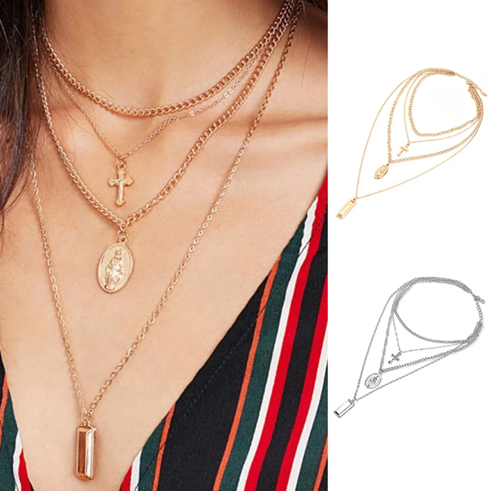 Ретро Для женщин площадь поперечного медальон Дева Мария ожерелье с цепью