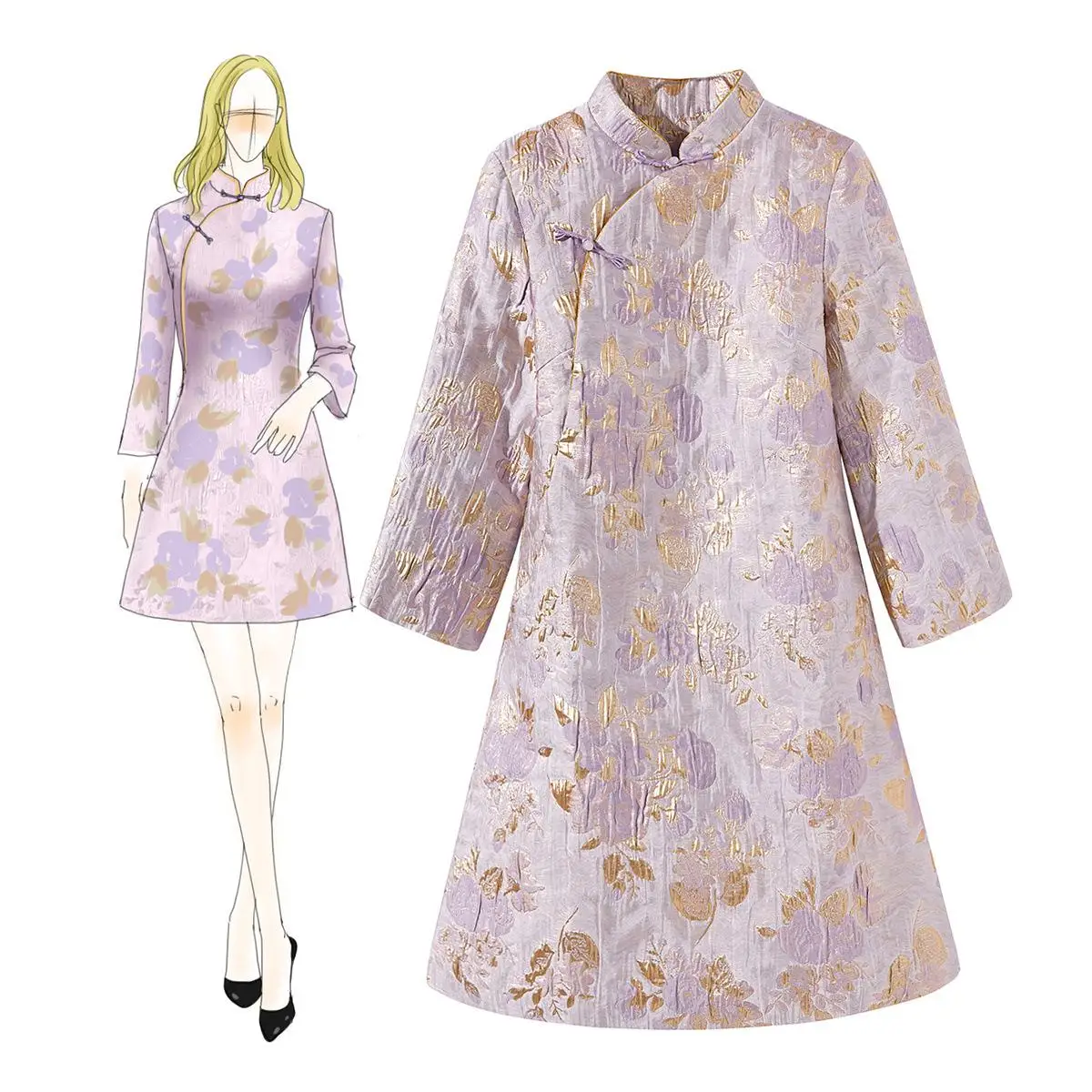 Winter Women Jacquard Flower Cheongsam Elegant Cotton Mini Evening Dress Vintage Improved Long Sleeve Qipao Vestidos S M L XL - Цвет: Light Purple