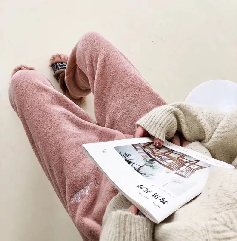 Jielur пижамные штаны Зимняя теплая однотонная мягкая одежда ropa mujer из бархата кораллового цвета для отдыха флисовые штаны с буквенным принтом одежда для сна