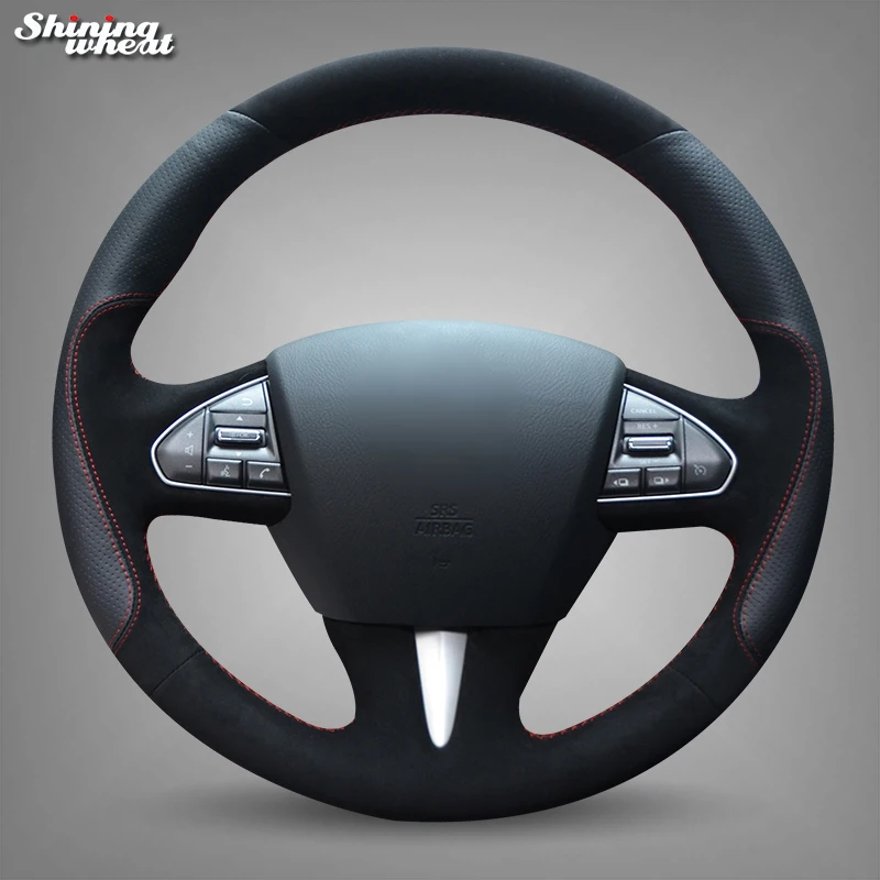 

Hand Sew Black Leather Black Suede Car Steering Wheel Cover for Infiniti Q50 2014 2015 QX50 2015