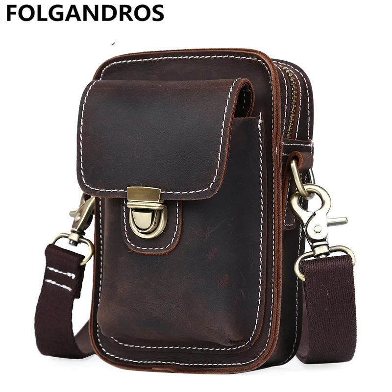 Designer Genuine Leather Small Shoulder Bag Men's Casual&Bussiness Messenger Crossbody Bags Waist Pack Cell Phone Pocket For Men