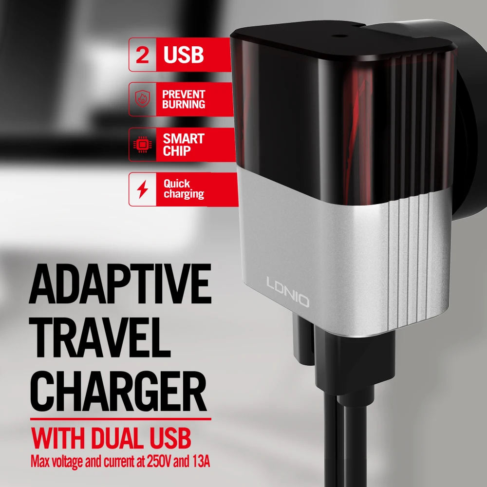 LDNIO A2206 2.4A США штекер серый и красный двойной USB Путешествия A. C. Источник мини