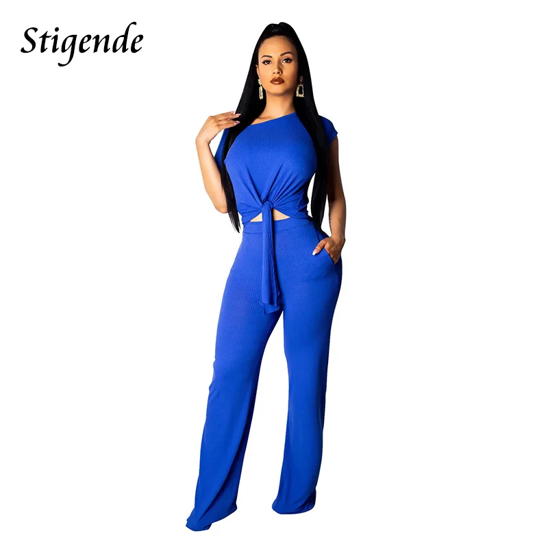 Стильный ребристый бандажный комплект из 2 предметов с коротким рукавом женский