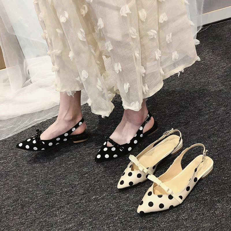 Босоножки женские в горошек элегантная обувь с бантом бежевые на лето 2019 | Обувь