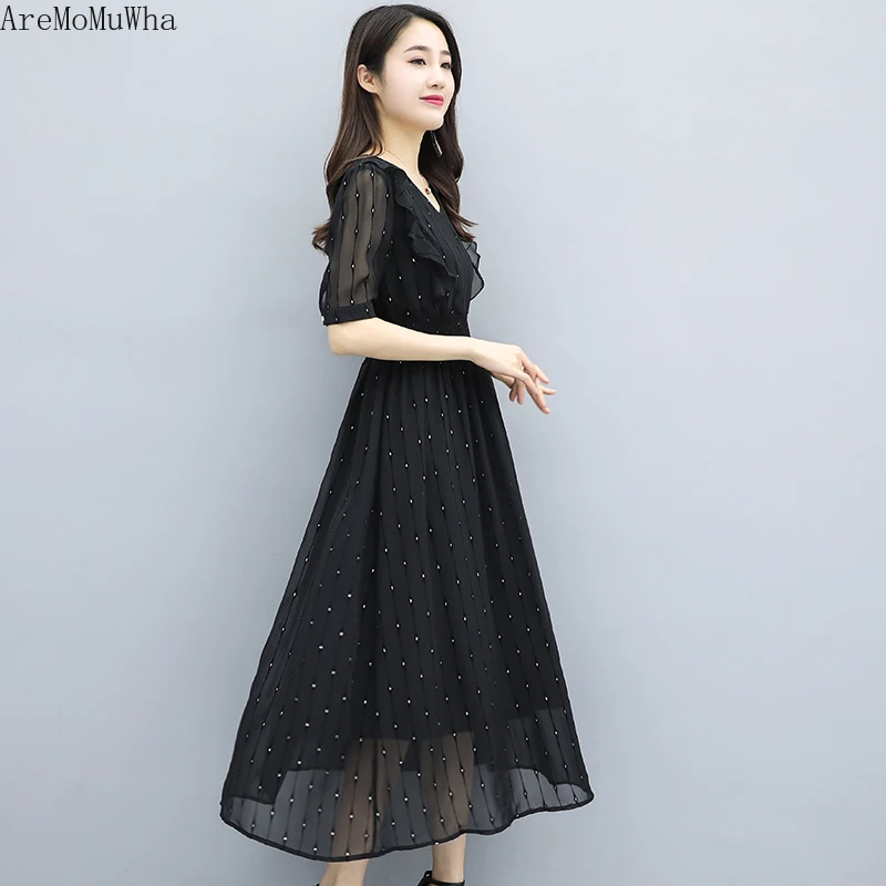 

AreMoMuWha Dresses Women Summer 2019 New Fashion Style Closed-waist Black Short Sleeve Large Size Chiffon Dress Long Dress mh326