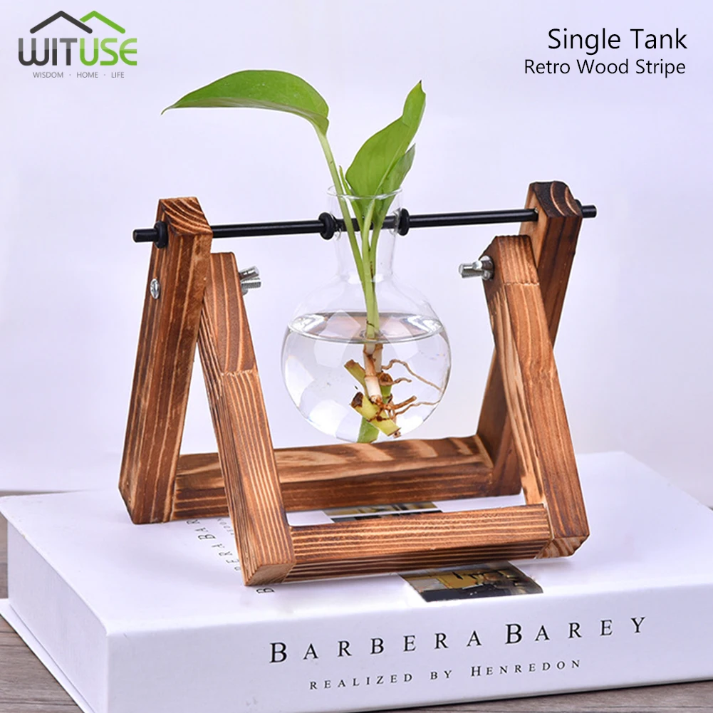 Retro wood WITUSE горшок для растений цветочный горшок Грут кастрюли прозрачное стекло лампочка Кашпо с деревенской деревянной подставкой металлический поворотный держатель 12 видов стилей - Цвет: Retro wood