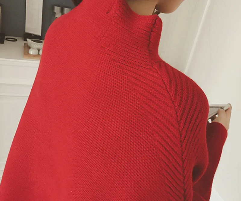 women's wear in autumn and winter of 2019 is a long loose lazy half-high-collar knitted sweater for bat sleeves. | Женская одежда