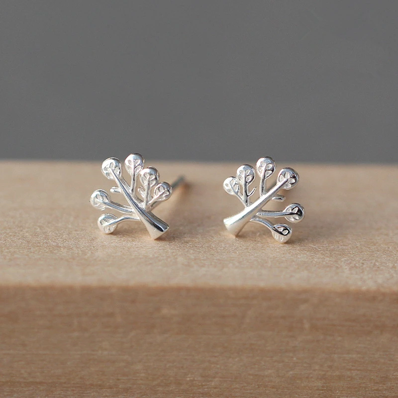 Женские серьги гвоздики в виде листьев дерева серебристого цвета|stud earrings|stud earrings