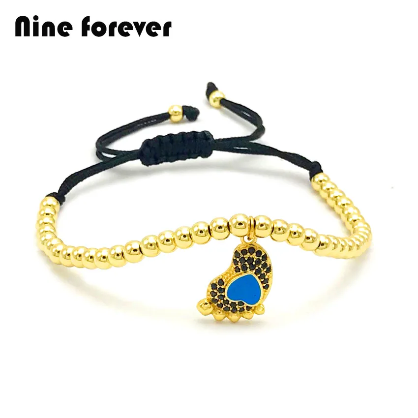

10pcs /lot Nine forever Fashion Women men jewelry black Micro CZ footprint lover Pendant Charm Braiding 4mm beads Bracelets