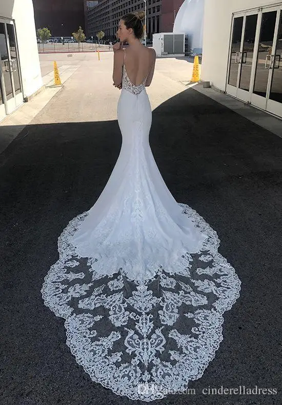 

Robe de mariee Mermaid Lace Wedding Dresses 2019 Sexy Spaghetti Straps Full Backless See Through Top Bride Gown Wedding Dresses