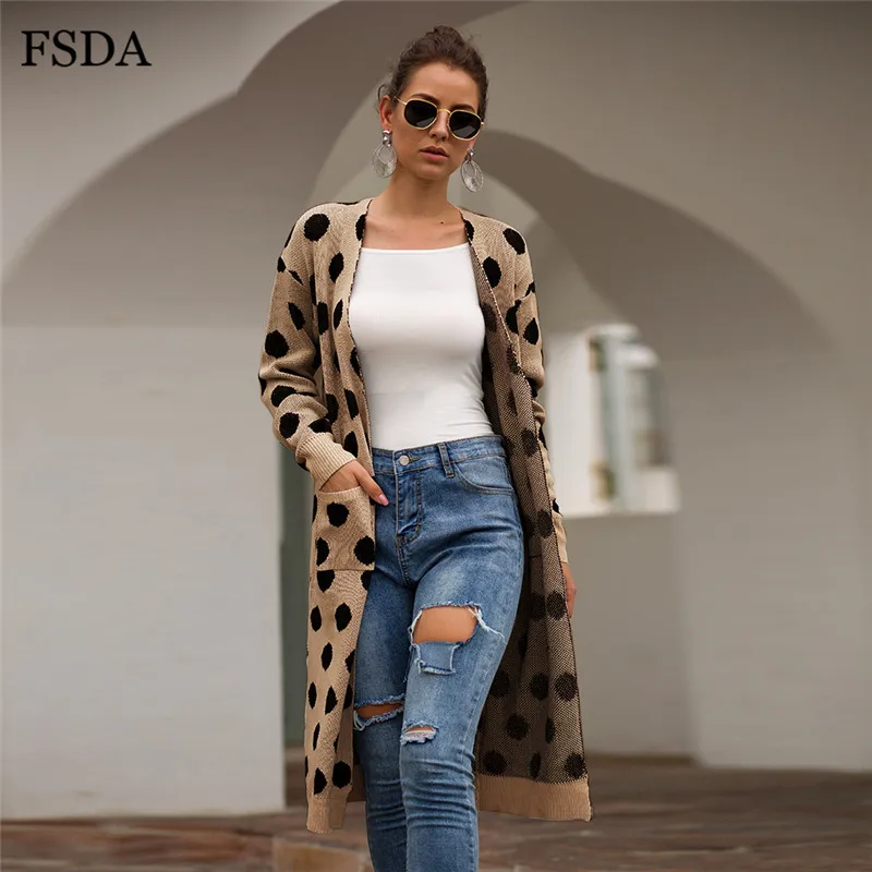 FSDA, длинный кардиган в горошек, с карманами, вязаный свитер, куртка, Осень-зима, Женский Свободный Повседневный Кардиган, для женщин