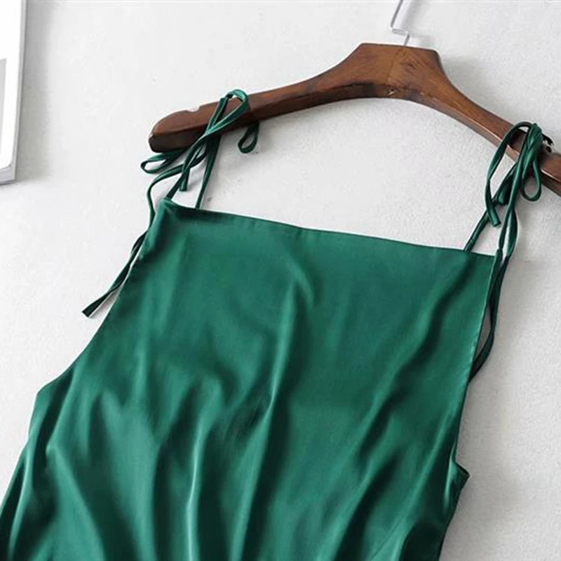 Сарафан на бретелях спагетти платья атласное зеленое летнее платье 2019 тонкое из
