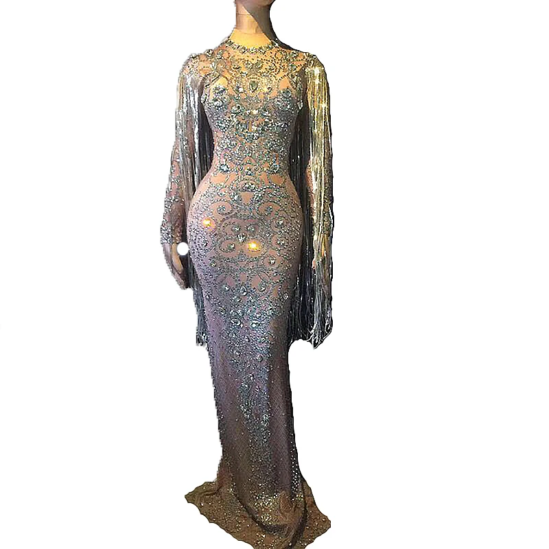 Модное Сетчатое платье с кристаллами сексуальные стразы стрейч Одежда для