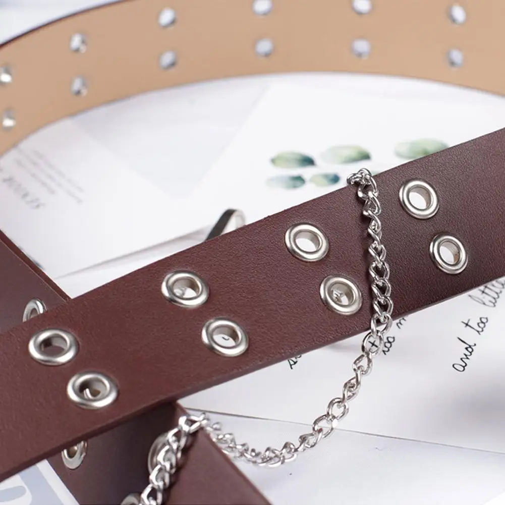 Ремень кожаный черный с отверстиями в два ряда унисекс цепочкой |