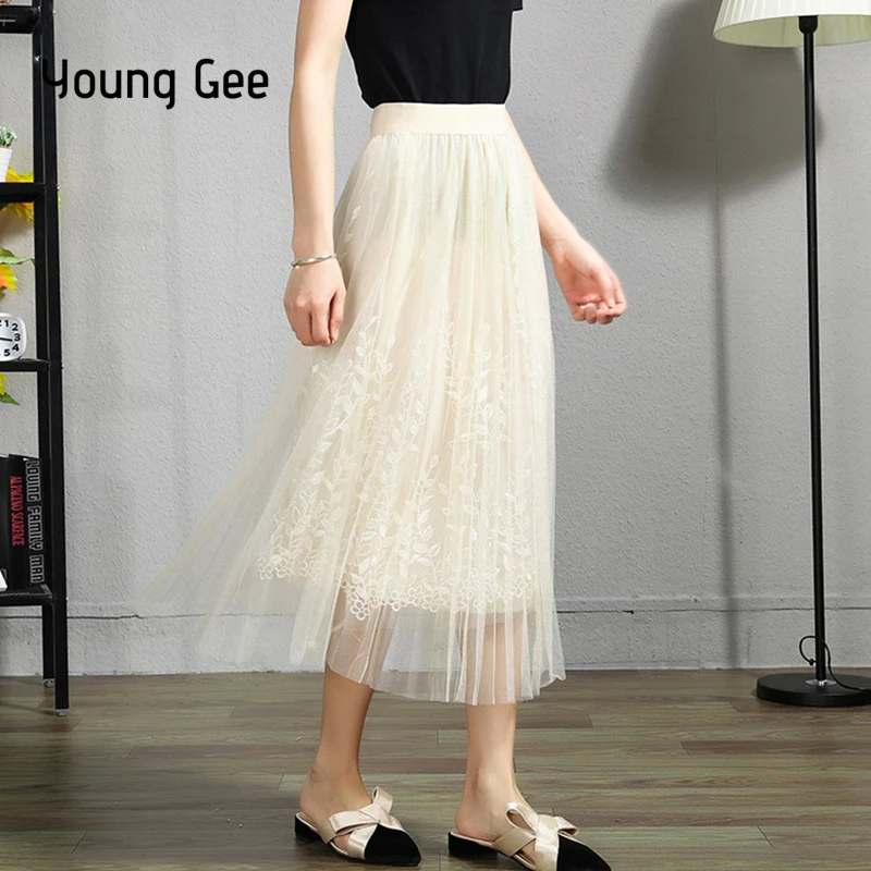 

Young Gee Spring Sweet Style Fashion Ladies Pleated Long Tulle Skirts Lace Floral Embroidery Mesh Skater Tutu Skirt faldas saias