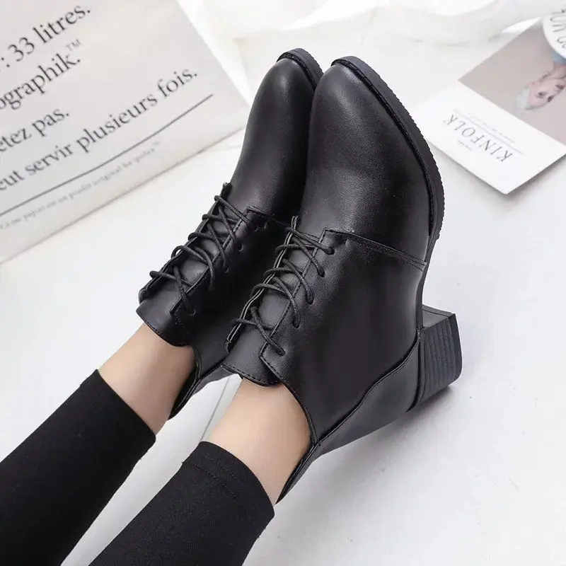 

Women Boots Shoes Winter Martin Boots 4cm Thick High Heel Pointed Toe Cross-tied Casual Student Boots Female Pumps Booties Shoes