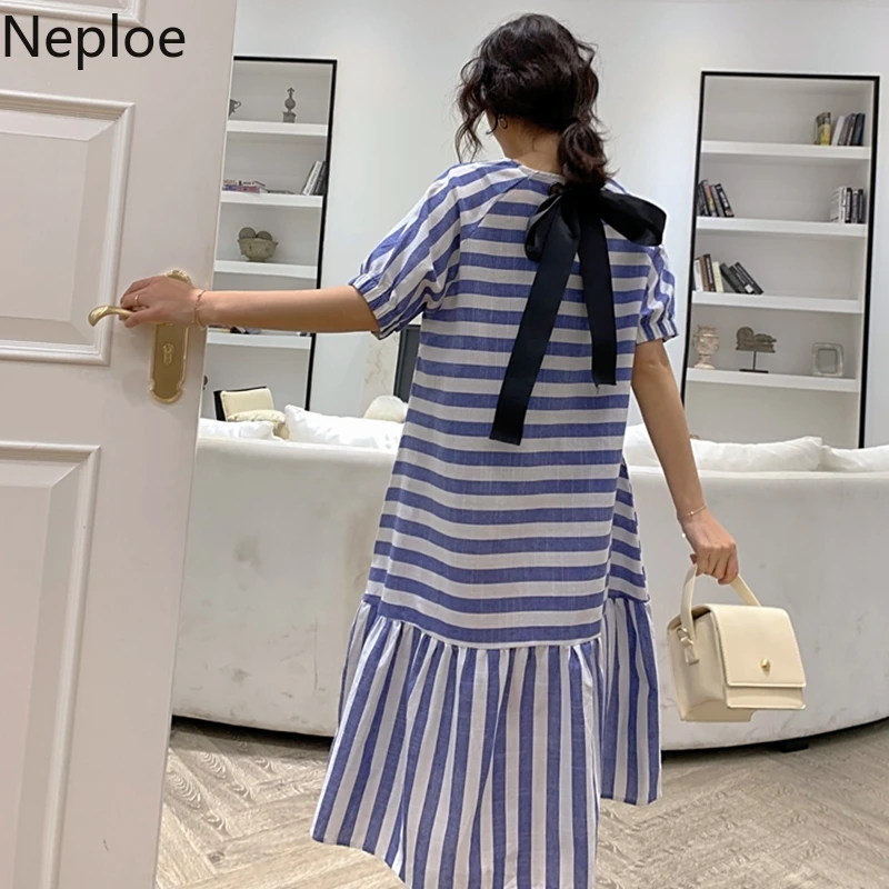 Neploe Полосатое женское платье лето 2019 Ретро стиль круглый вырез короткий рукав с