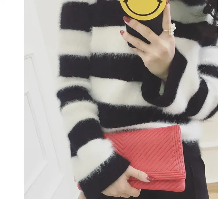 Women Mink Cashmere Pullovers Sweaters Black And White Striped Turtleneck Coat Free Shipping | Женская одежда