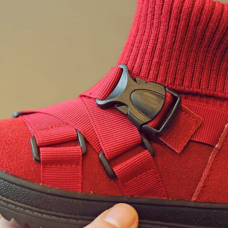 2016 Осень Зима Дети Пряжки Мартин Сапоги Вязаный Носок Натуральная Кожа Мальчики