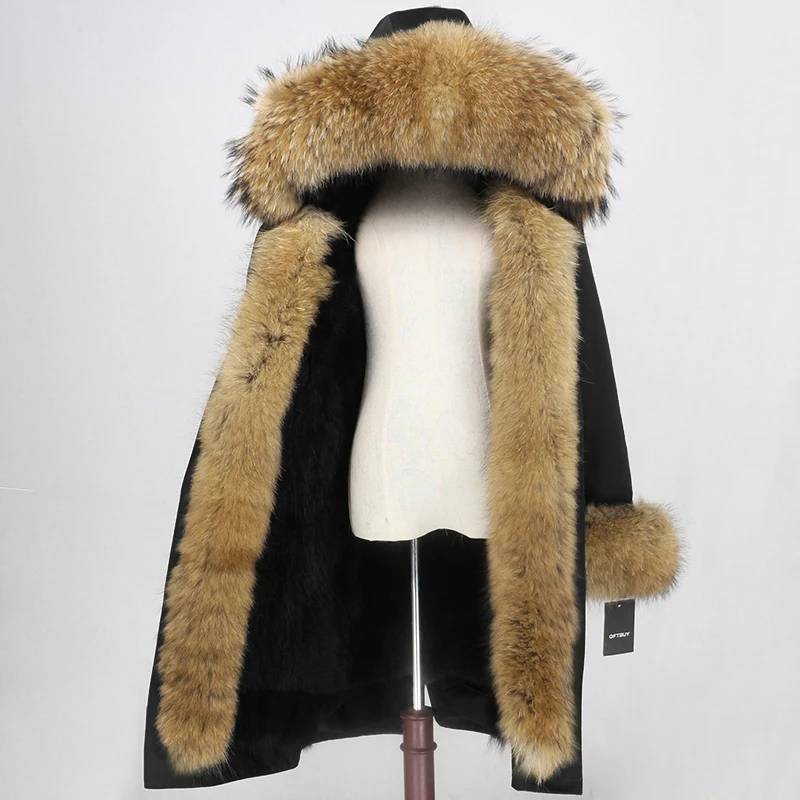 black natural OFTBUY X-long Parka водонепроницаемая верхняя одежда зимняя куртка женская шуба из натурального меха енота Капор из норки съемная меховая подкладка - Цвет: black natural