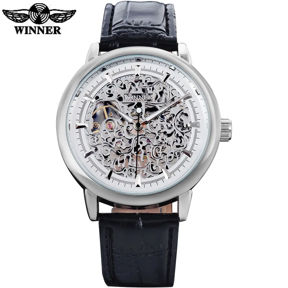 

WINNER luxury brand fashion sports mechanical watches leather strap men's hand wind skeleton silver case watches reloj hombre