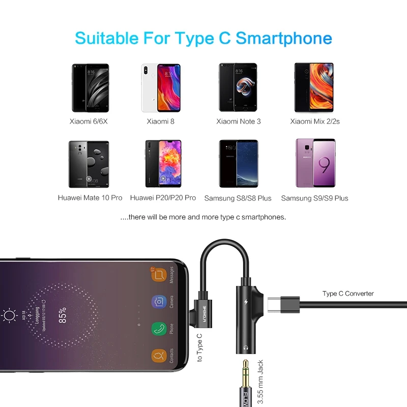 USB Type C аудио адаптер для зарядки и воспроизведения музыки мобильного телефона
