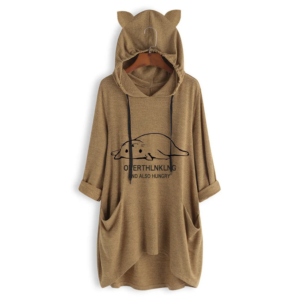 Plus Size Sweatshirt Women Casual Lying Cat Printed Hoodie Femme Long Sleeve Ear Hooded Pocket Tops | Женская одежда