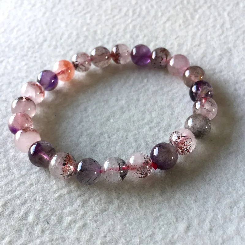 

Natural Genuine Purple Hair Crystal Multi Colors Mix Super 7 Seven Bracelet Round Melody Stone 8mm