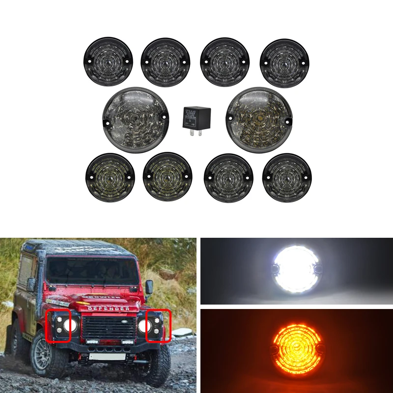 10 шт./комплект, дымовые линзы, полный комплект светодиодных ламп для Land Rover Defender 1990-, передние задние противотуманные боковые фары заднего хода