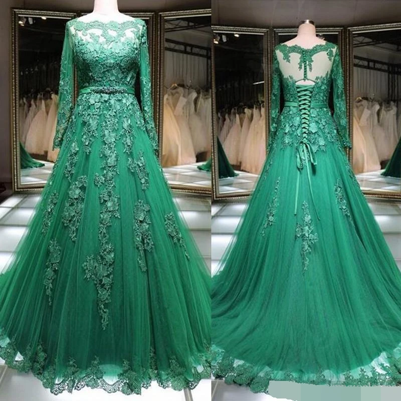 Женское вечернее платье с длинным рукавом robe de soiree зеленое кружевной аппликацией