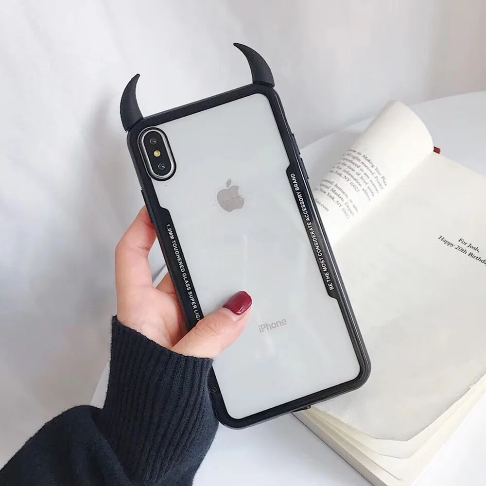 100 шт iCasiber крутой Рог дьявола прозрачный акриловый мягкий чехол для iPhone XS MAX XR X 6 6S 7 8 Plus Защитные чехлы для телефонов Coque