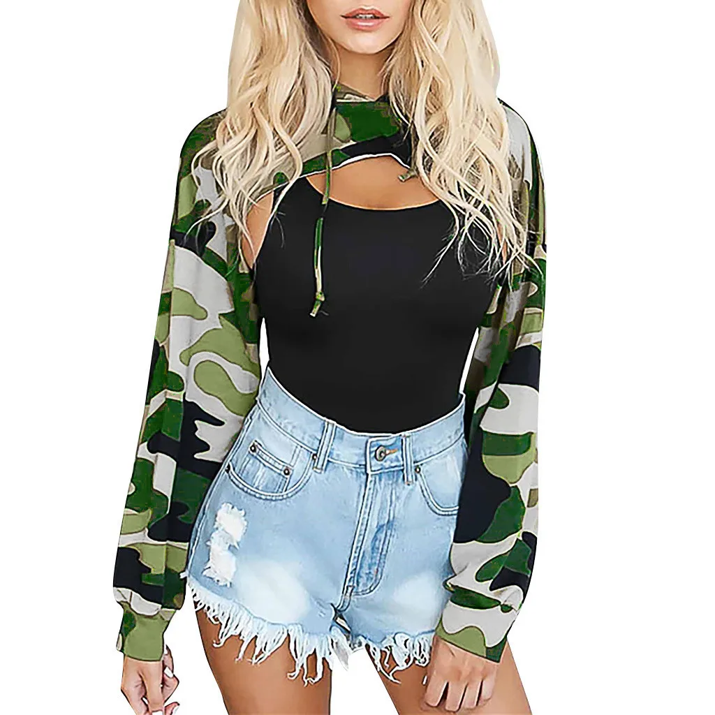 Женские камуфляжные кроп Топы с капюшоном повседневные пуловеры молнией спереди